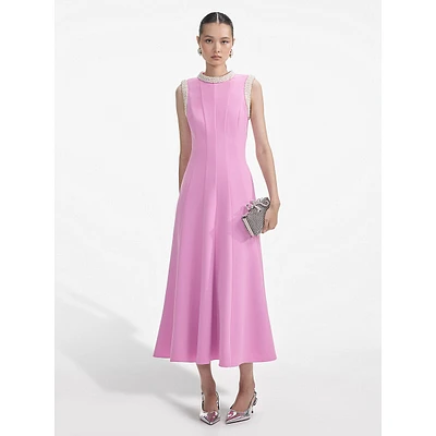 Pearl-Bead-Trim Sleeveless Fit-&-Flare Midi Dress