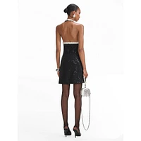 Pearl-Bead-Trim Sequin-Bouclé Halter Mini Dress