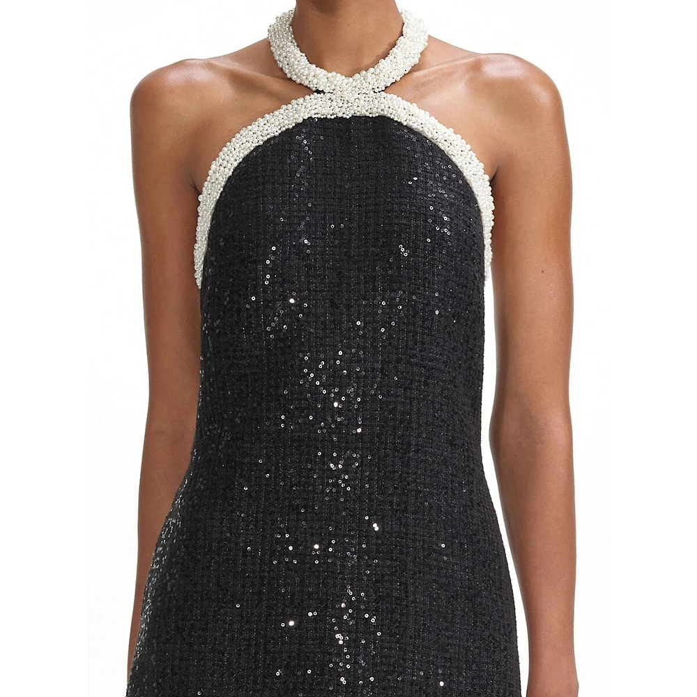 Pearl-Bead-Trim Sequin-Bouclé Halter Mini Dress