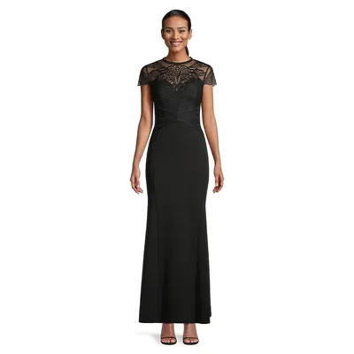 Natalia Gathered Embroidered Lace Maxi Gown
