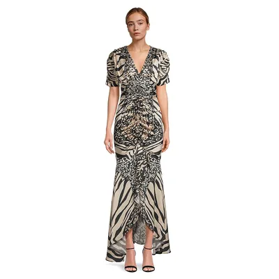 Printed Ruched Trumpet Maxi Dress