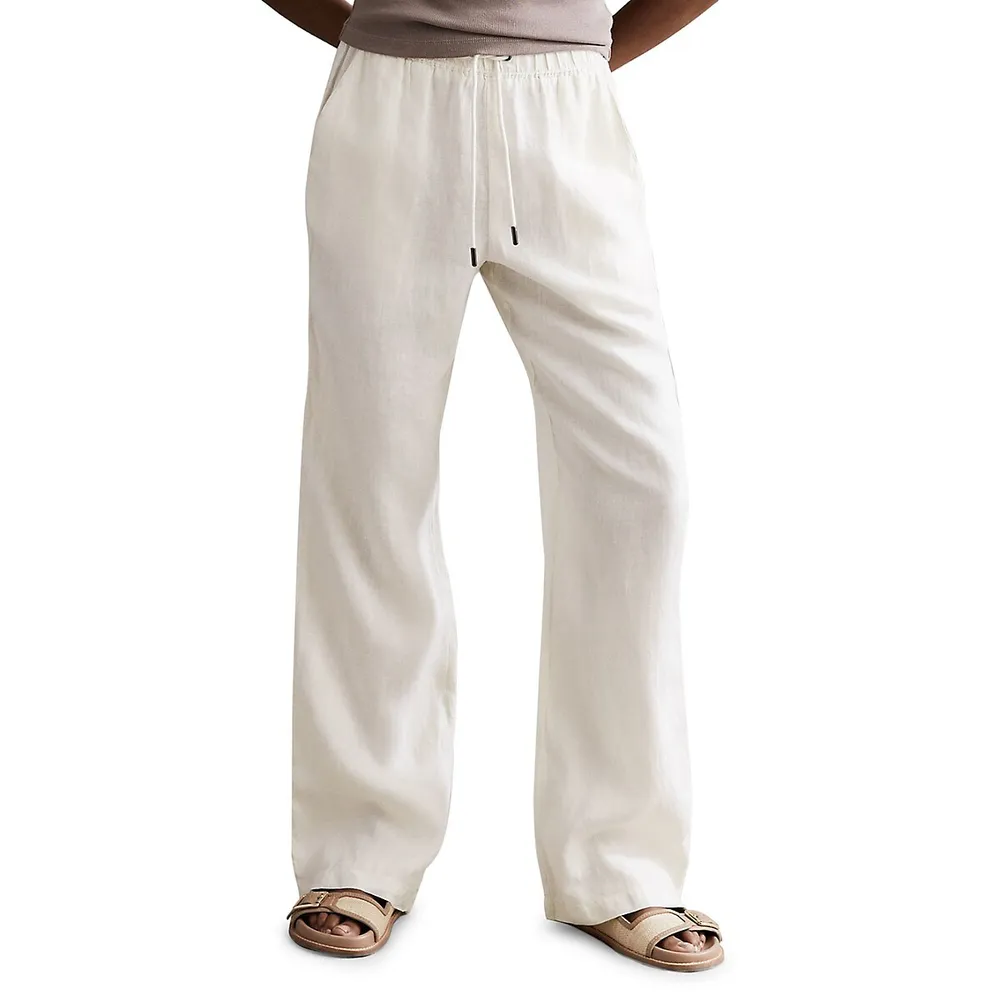 linen pants WHITE white linen drawstring wide-leg trousers - Shop