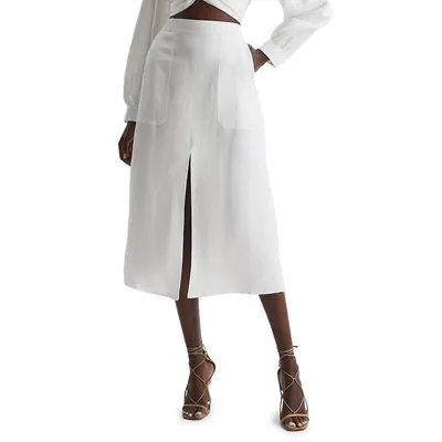 Axelle Linen-Blend Front-Slit Midi Skirt