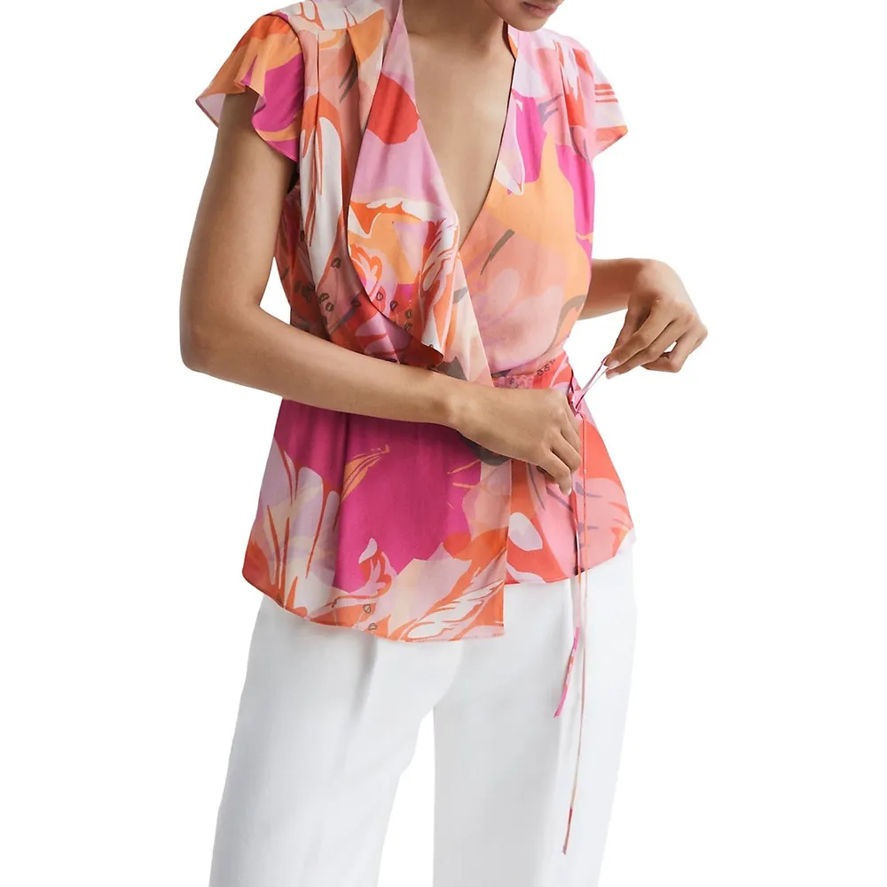 Reiss Corey Tropical-Print Wrap Blouse