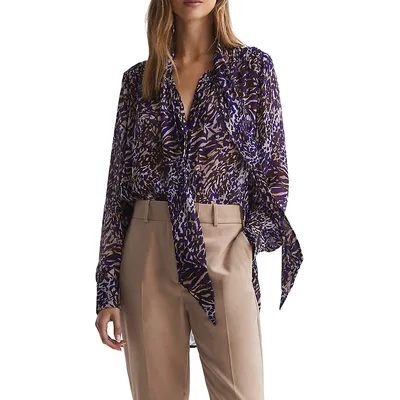 Tora Animal-Print Tie-Neck Blouse