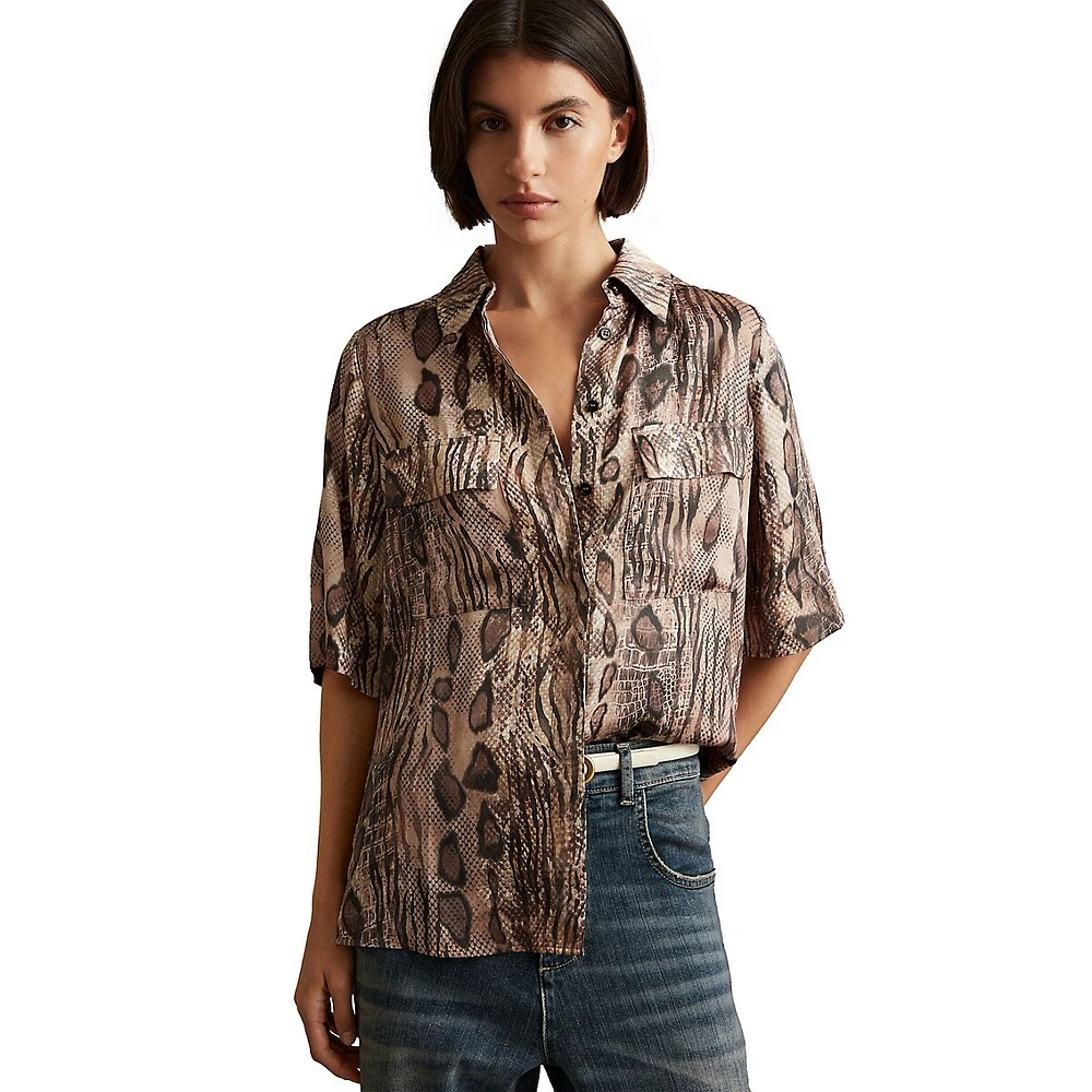 Maya Short-Sleeve Snake-Print Shirt