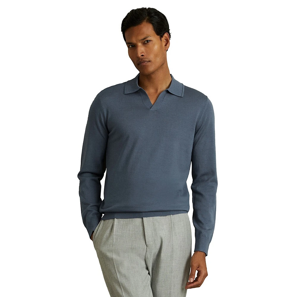 Milburn Merino Wool Open-Collar Polo Sweater