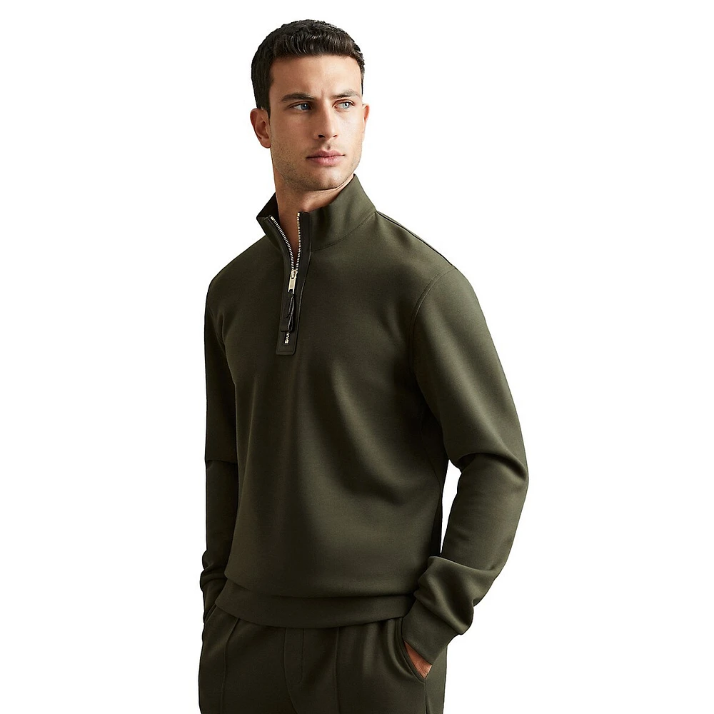 Hale Mockneck Leather-Placket Interlock-Jersey Sweatshirt