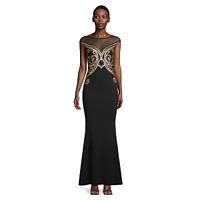 Jeminia Sequin-Pattern Illusion Trumpet Gown