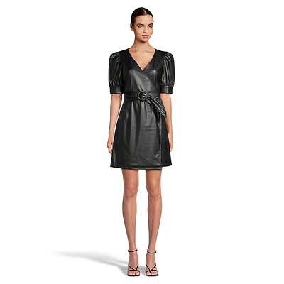 Belted Faux Leather Wrap Dress
