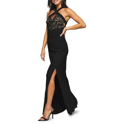 Crossover Halter Sleeveless Lace Gown