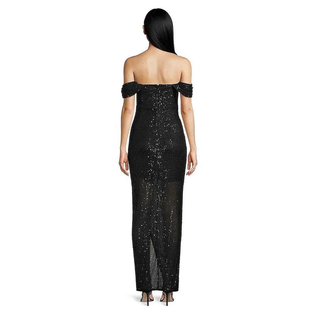 Sequined Drape Bardot Maxi Gown