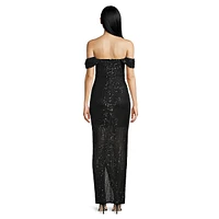 Sequined Drape Bardot Maxi Gown