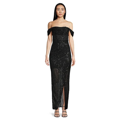 Sequined Drape Bardot Maxi Gown