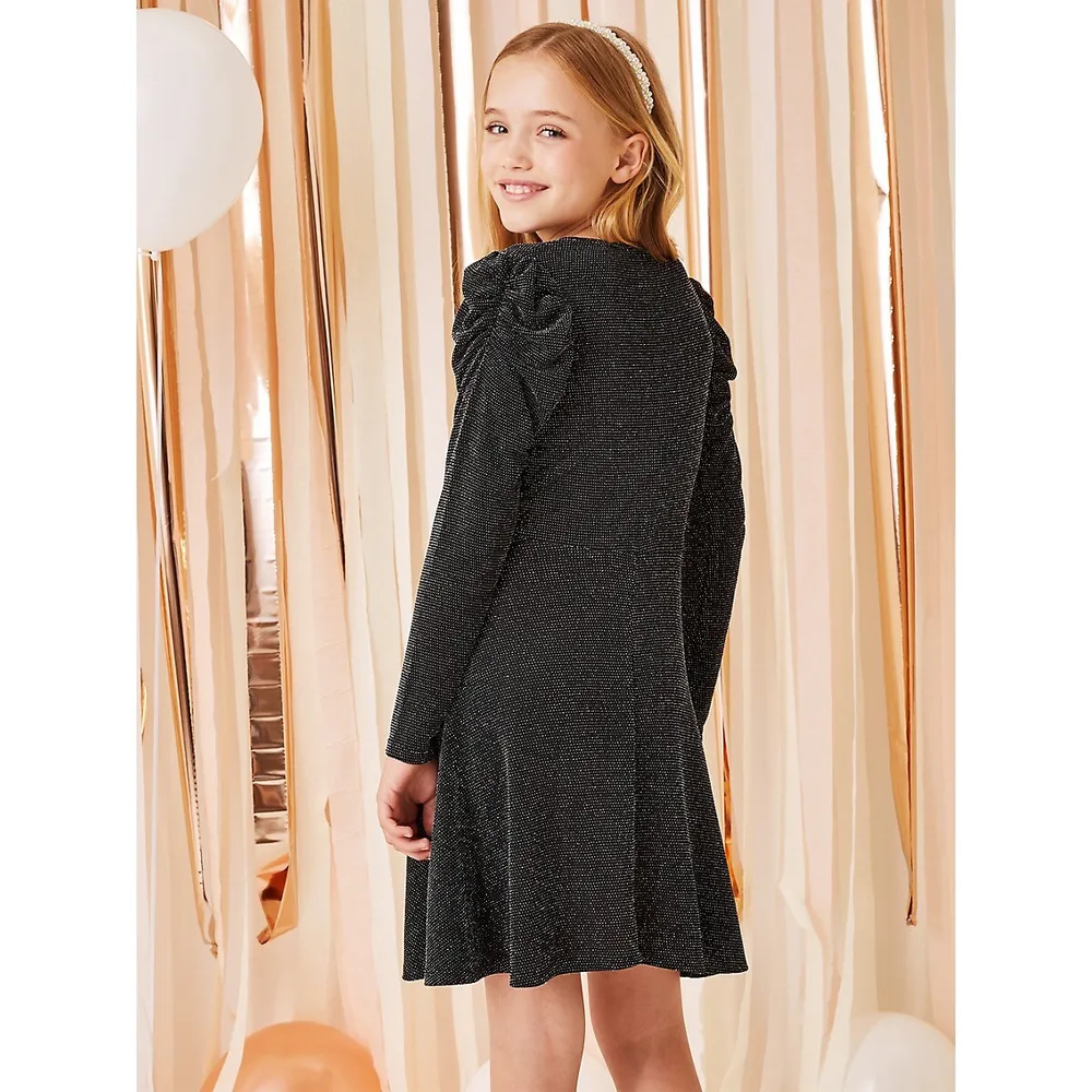 Girl's Glitter Puff-Sleeve Wrap-Style Dress