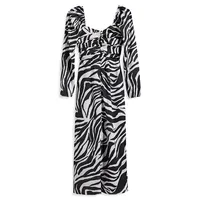 Ruched Zebra-Print Midi Dress