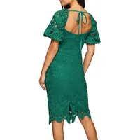 Squareneck Puff-Sleeve Lace Sheath Dress