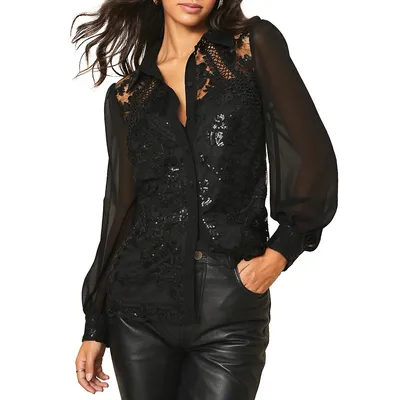 Sequin Lace Embroidered Sheer Blouse