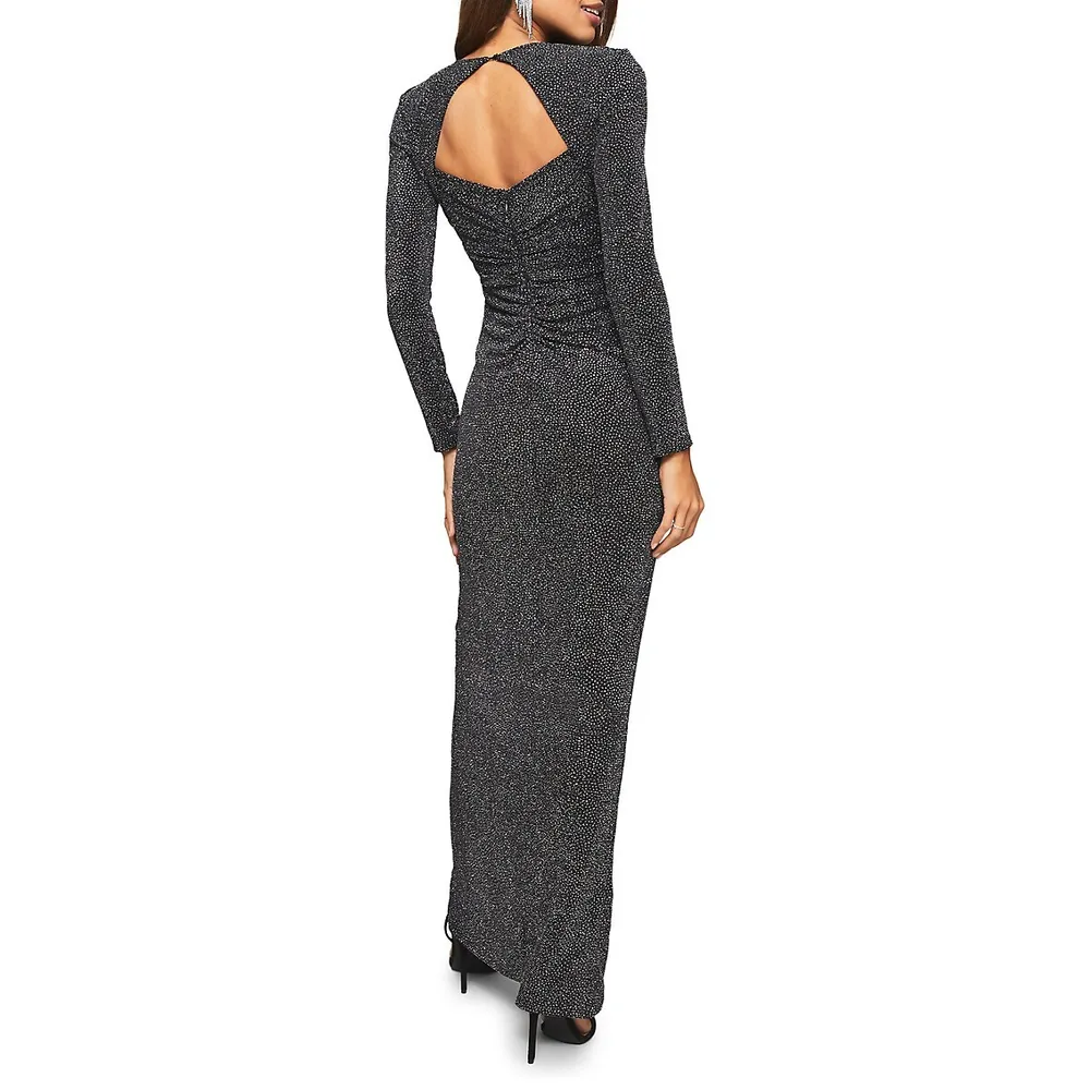 Long-Sleeve Glitter Ruched Wrap Gown