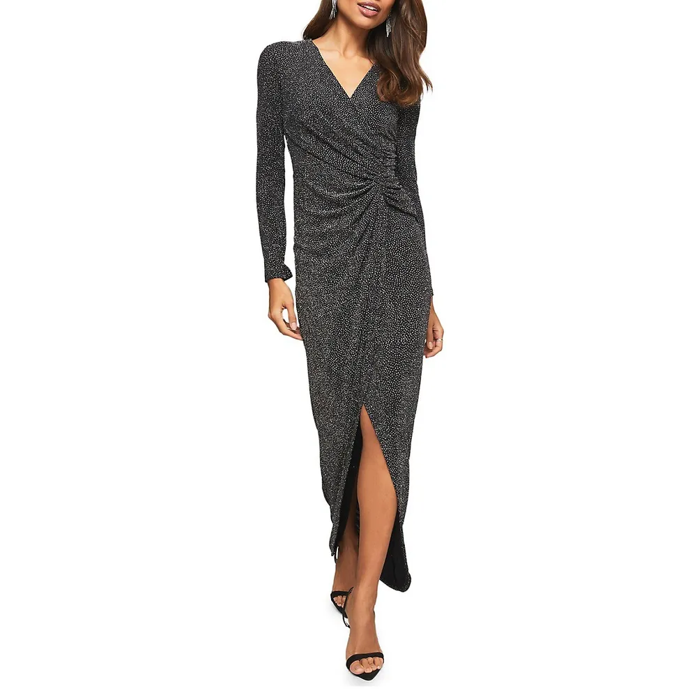 Long-Sleeve Glitter Ruched Wrap Gown