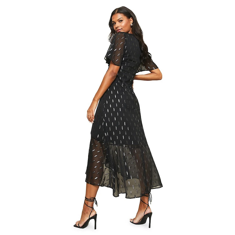 Foil Leaf Knotted Fit-&-Flare Midi Dress