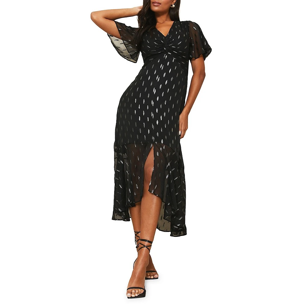 Foil Leaf Knotted Fit-&-Flare Midi Dress