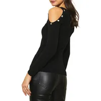 Button-Trim Cold-Shoulder Sweater