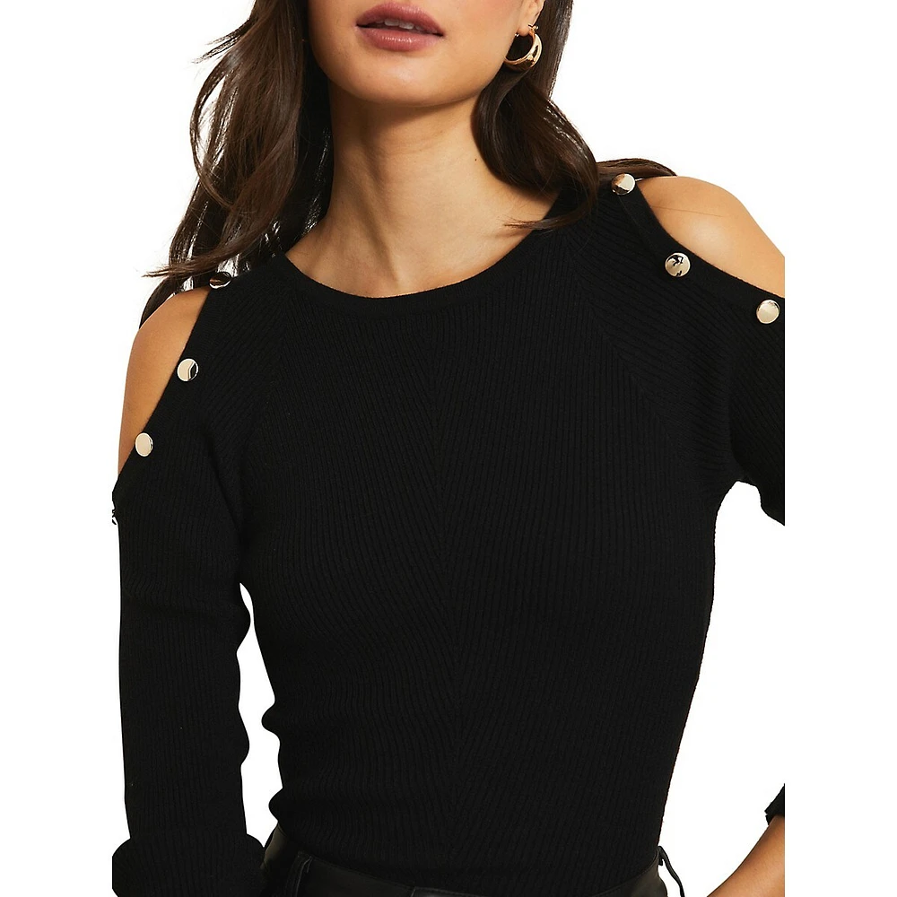 Button-Trim Cold-Shoulder Sweater