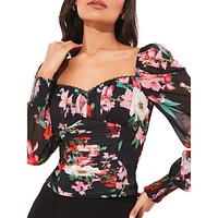 Floral Puff-Sleeve Sweetheart Corset Top