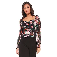 Floral Puff-Sleeve Sweetheart Corset Top