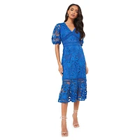 Openwork Lace V-Neck Midi Dress