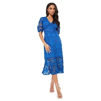 Openwork Lace V-Neck Midi Dress