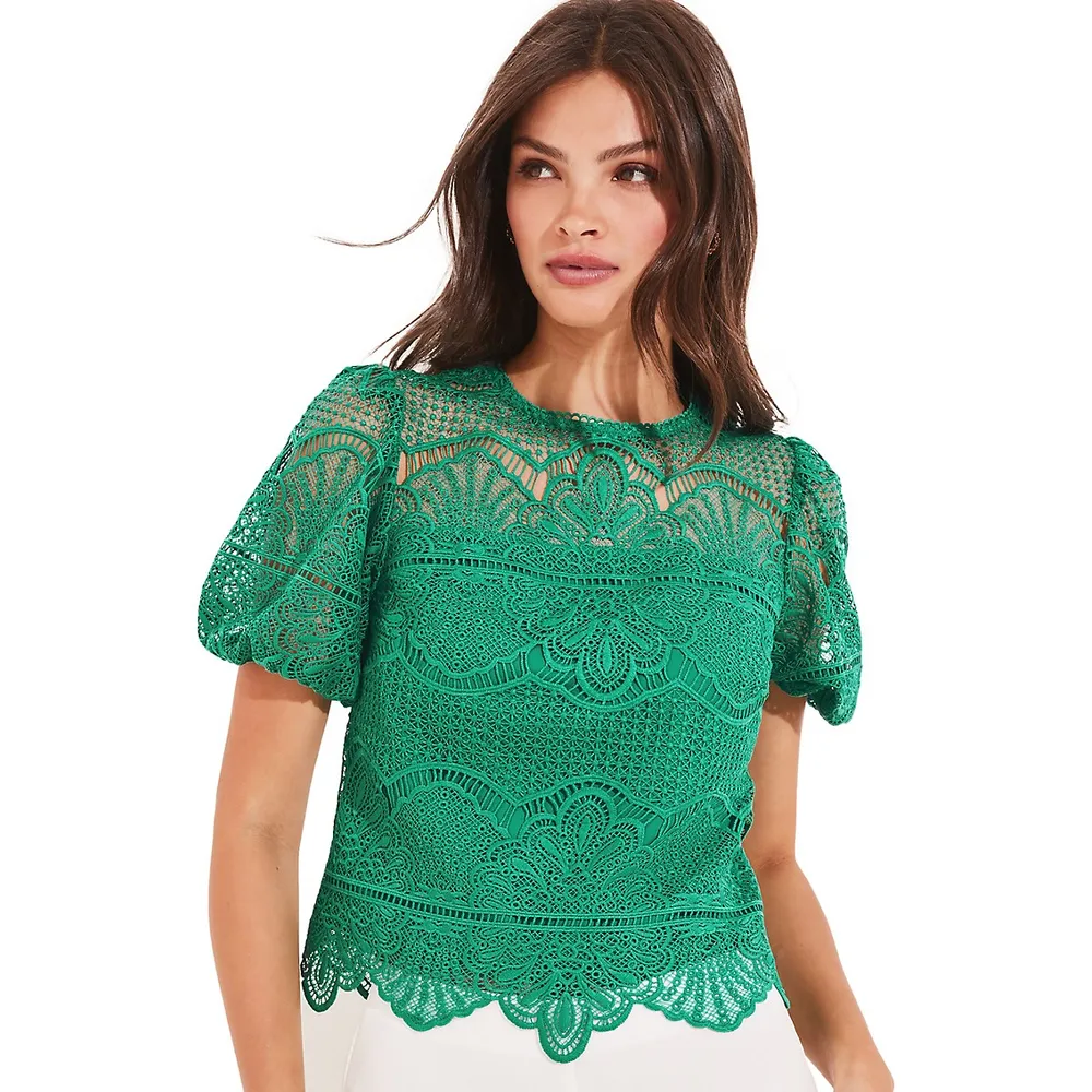 Puff-Sleeve Scalloped Lace Top