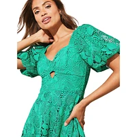 Lace Sweetheart Puff-Sleeve Mini Dress