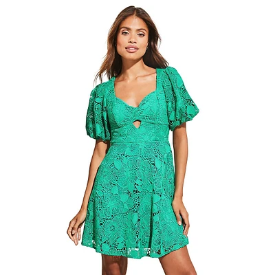 Lace Sweetheart Puff-Sleeve Mini Dress