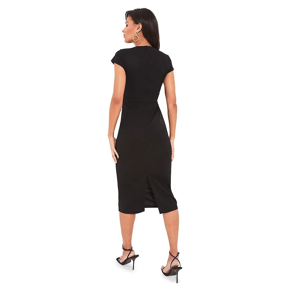 Gathered-Waist Keyhole Midi Sheath Dress