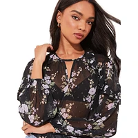 Floral-Print Foil-Detail Ruffled Sheer Blouse