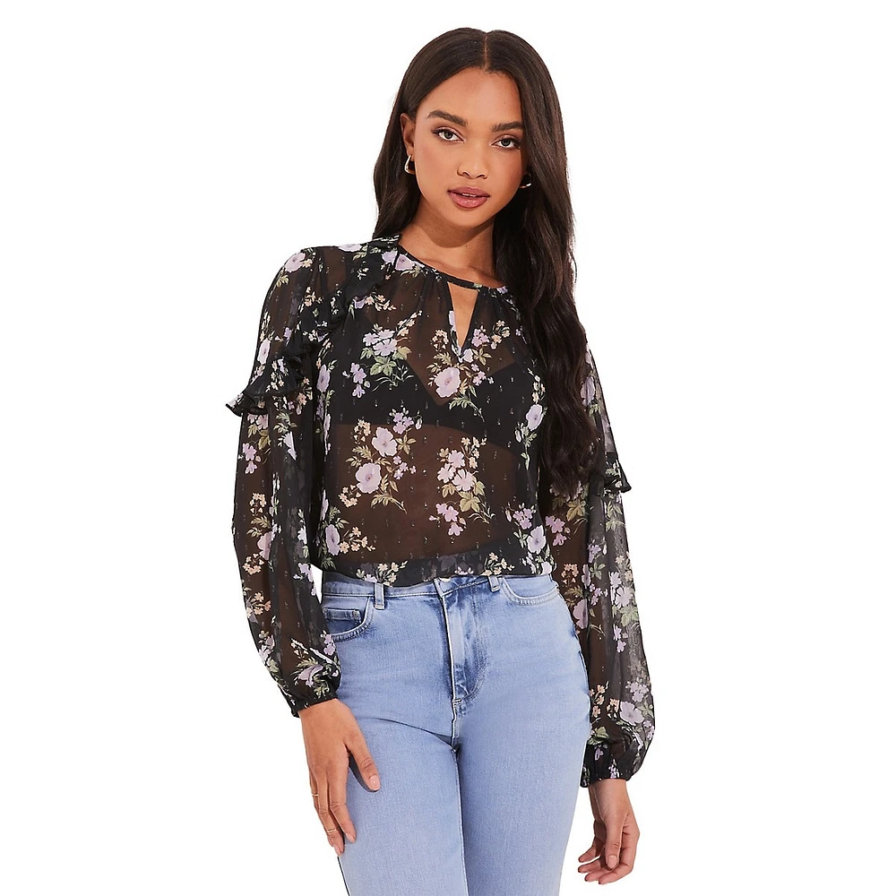 Floral-Print Foil-Detail Ruffled Sheer Blouse