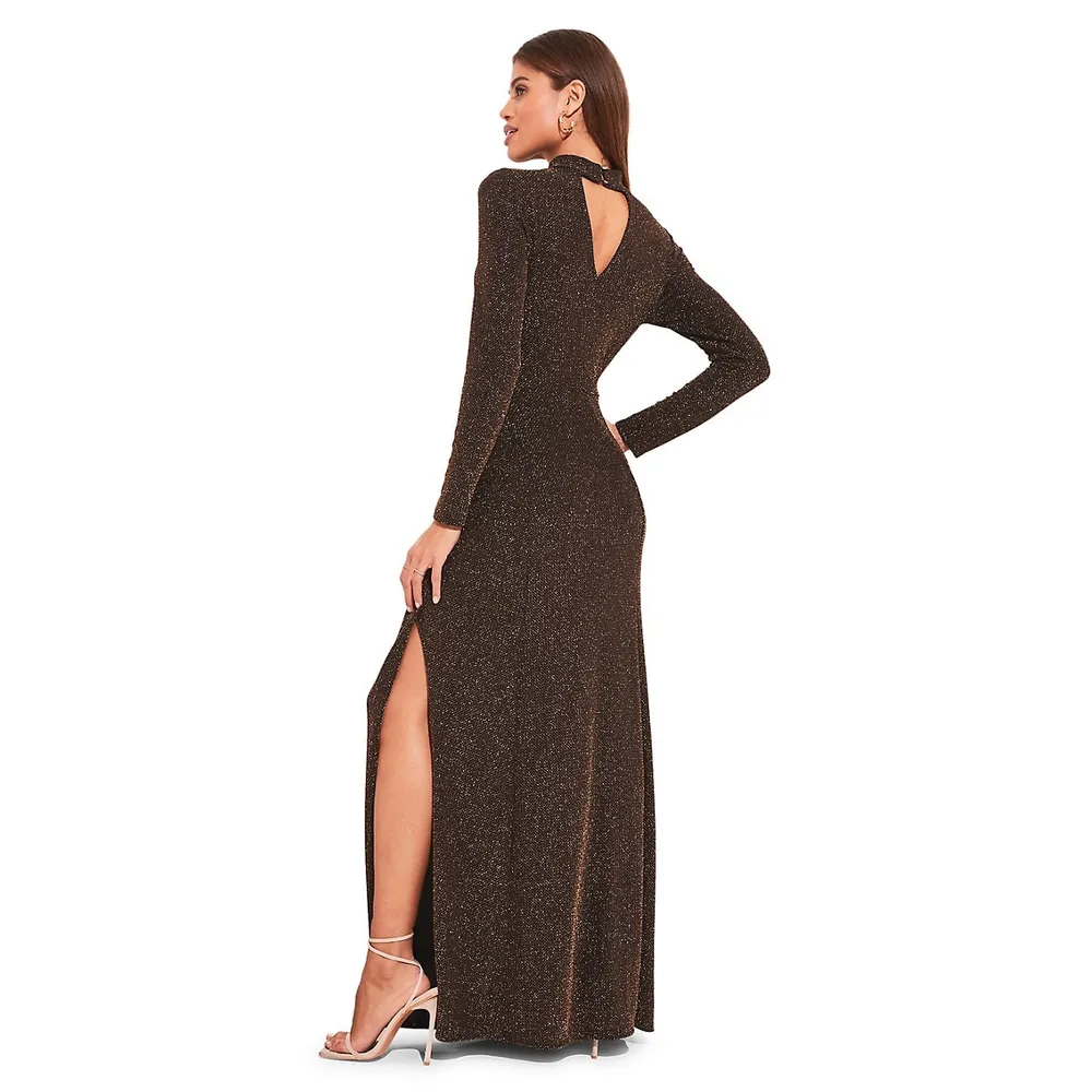 Metallic Sparkle Side-Slit Gown