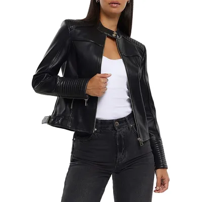 Faux Leather Banded-Collar Moto Jacket