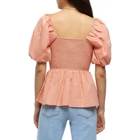 Ruched and Smocked Puff-Sleeve Top