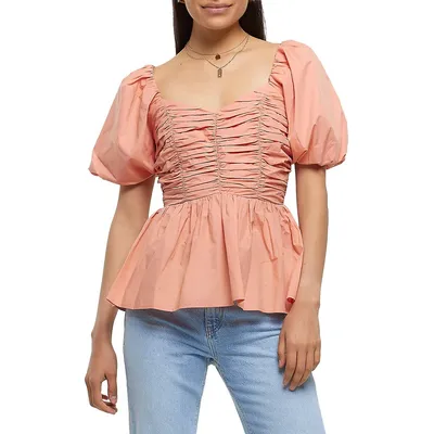 Ruched and Smocked Puff-Sleeve Top