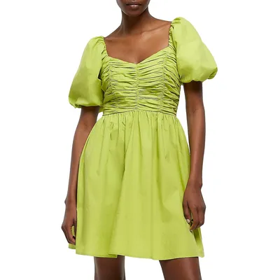 Ruched Puff-Sleeve Mini Fit-And-Flare Dress