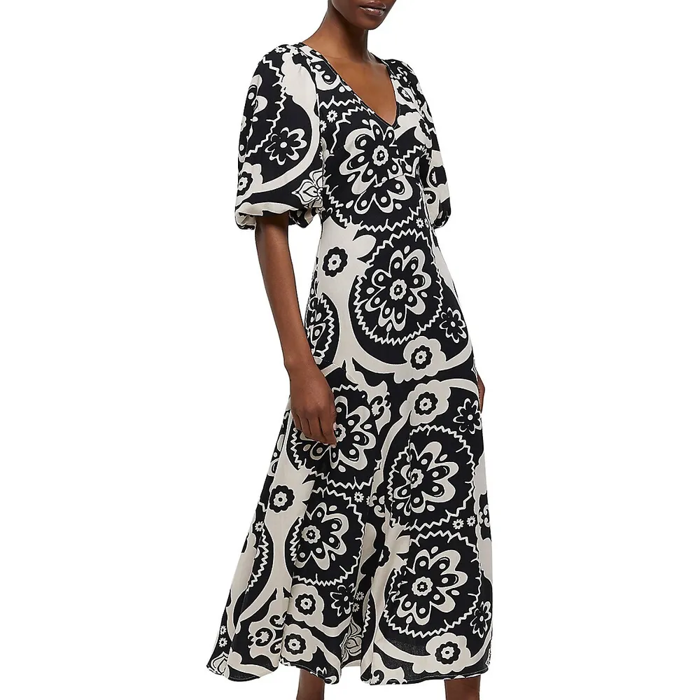 Printed Puff-Sleeve Midi Dress