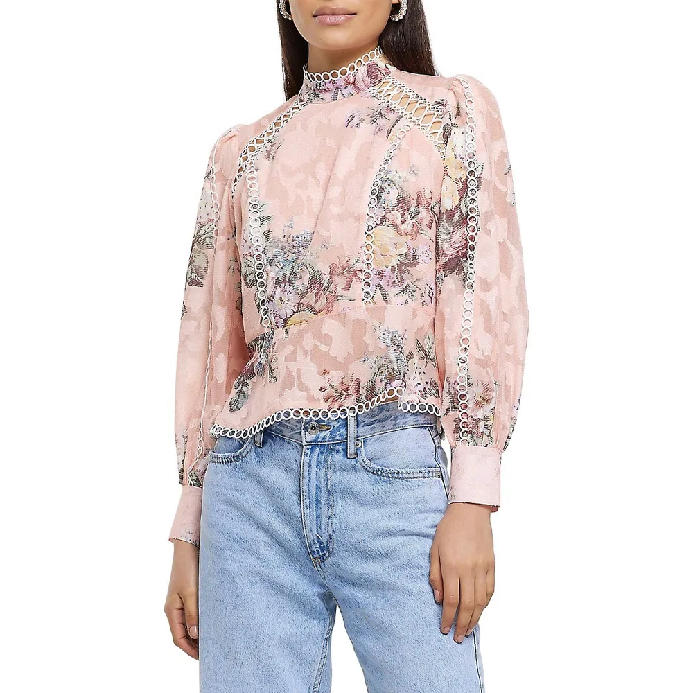Open-Work Lace & Floral Peplum Top