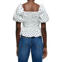 Dotted and Shirred Puff-Sleeve Top