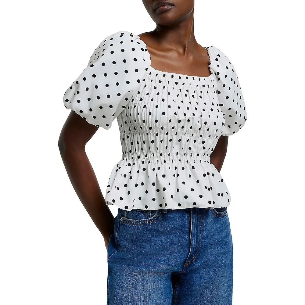 Dotted and Shirred Puff-Sleeve Top