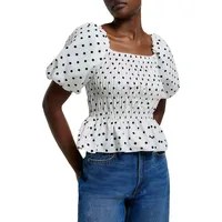 Dotted and Shirred Puff-Sleeve Top