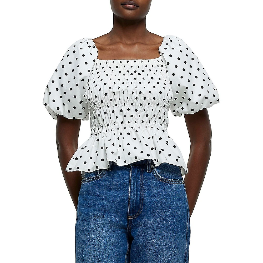 Dotted and Shirred Puff-Sleeve Top