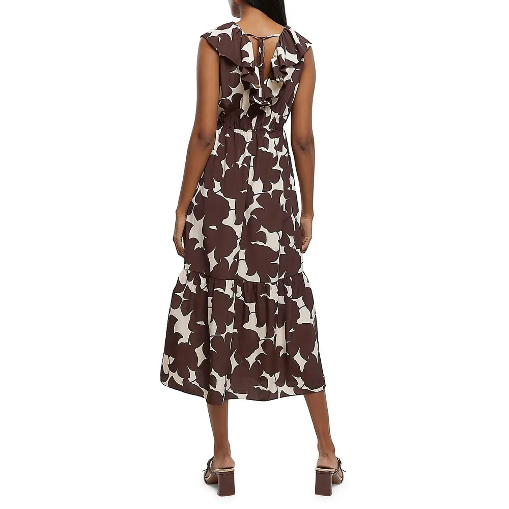 Printed Frill V-Neck Sleeveless Tea Dress